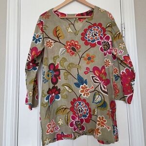 Dolma Eden Cotton Tunic Top 3/4 Sleeve Popover Boho Coastal Green Floral Medium